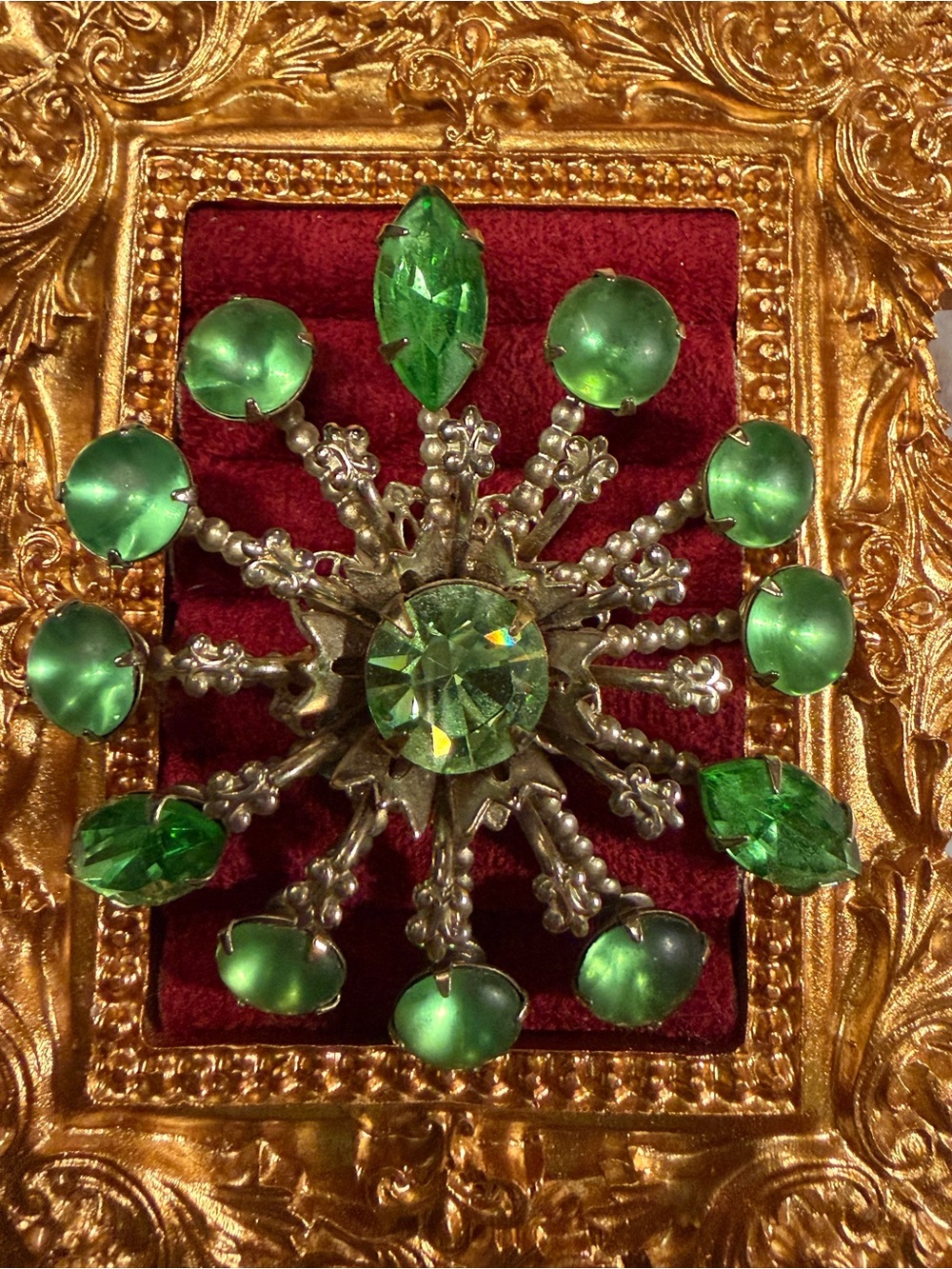 Vintage Green Crystal Starburst Brooch Pin Women Jewelry